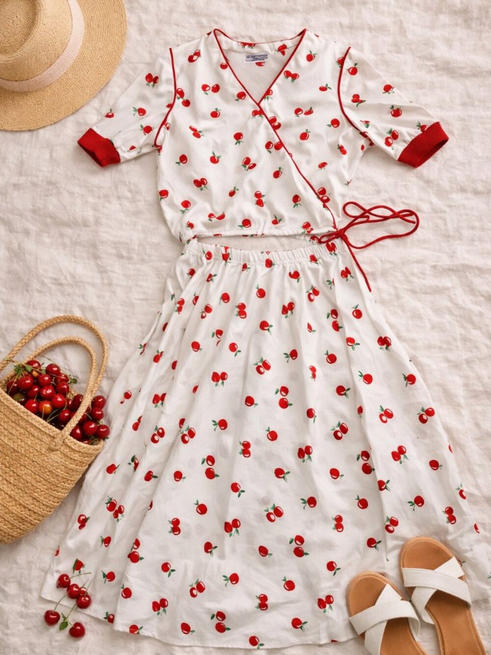 Vintage Avon Fashions Cherry Print Wrap Dress Cottagecore Retro Red White